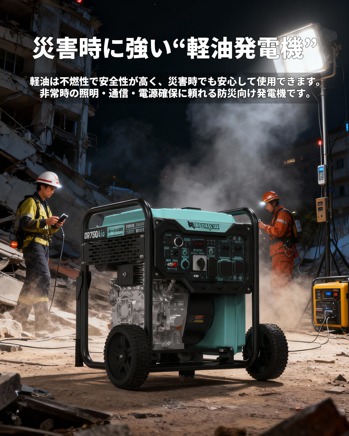ディーゼル発電機インバーター 軽油発電機 オープン型7.5kVA出力 単相100/200V 20/30/50A出力 電圧切替可能 ワンプッシュ始動リモコン始動可能DR7500Aio