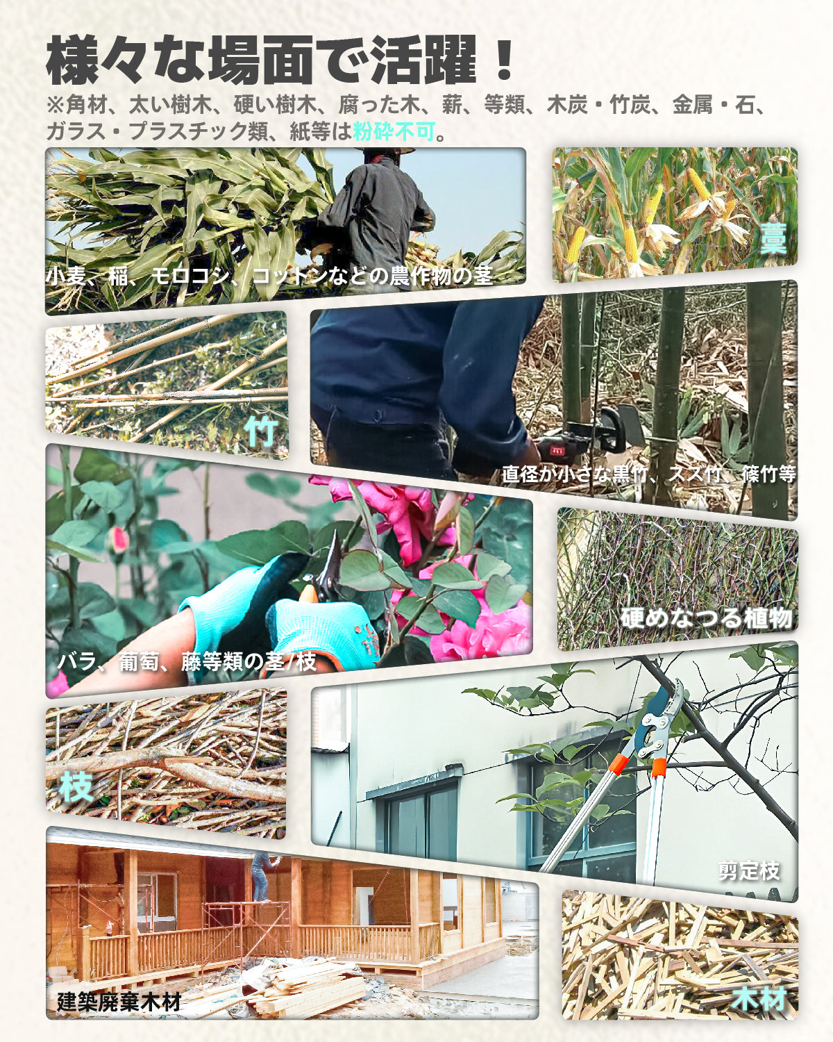 ウッドチッパー 電動粉砕機 電源コード5m 園芸用ガーデンシュレッダー AC電源 35-45mm ローラーミル刃100V・50/60Hz 家庭ごみ処理
