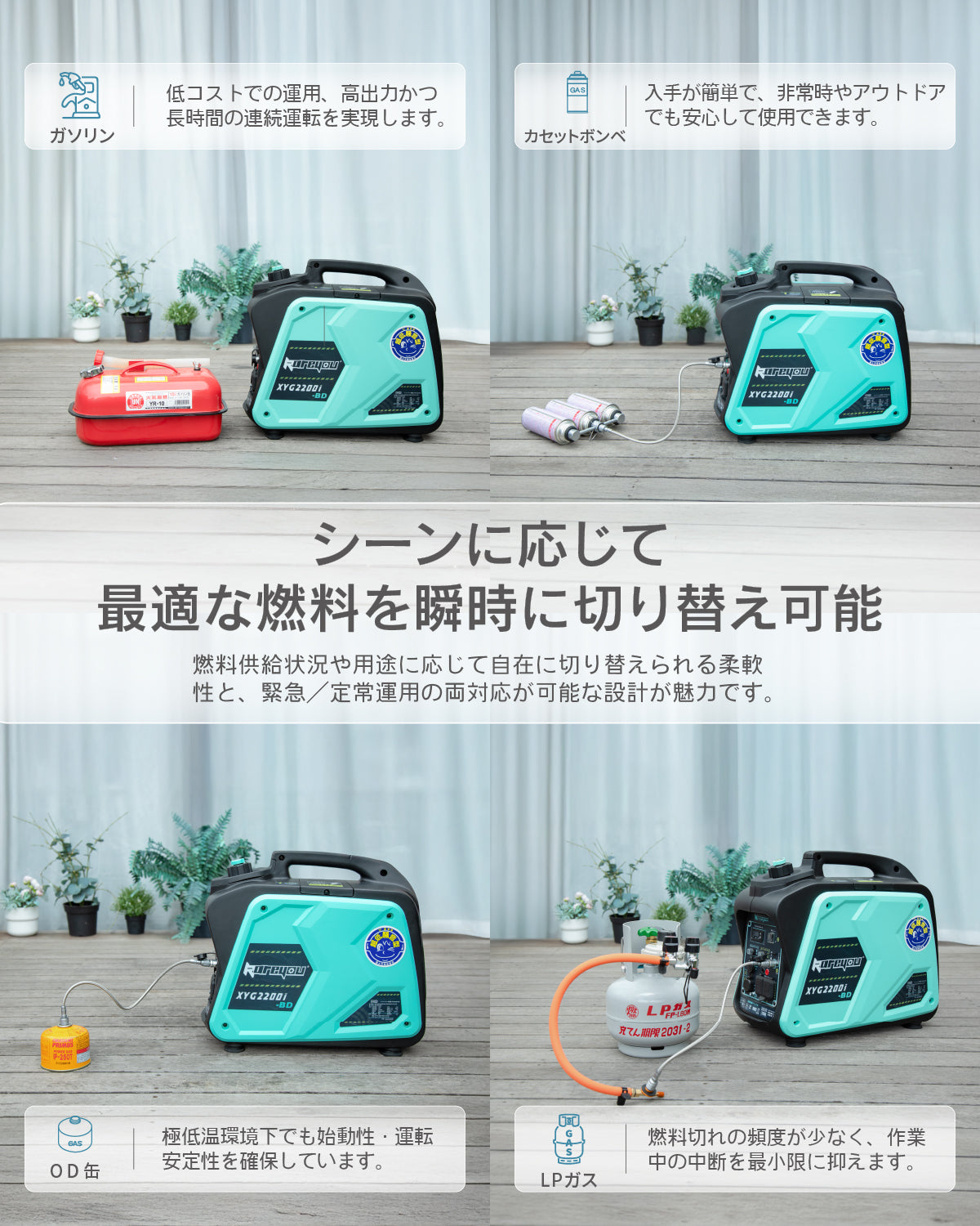 Kareyouカセットボンベ式発電機 ガス・ガソリン両用インバーター発電機最大出力2.2kVA軽量 家庭用 超低騒音型ポータブル発電機 OD/CB缶/プロパンガス/ガソリン4種類使用可能50/60Hz切替 並列運転 デジタルメーター点検機能/安全機能搭載キャンプ DIY キッチンカー 移動販売 イベント 農作業 建設作業 災害時に大活躍XYG2200i-BD