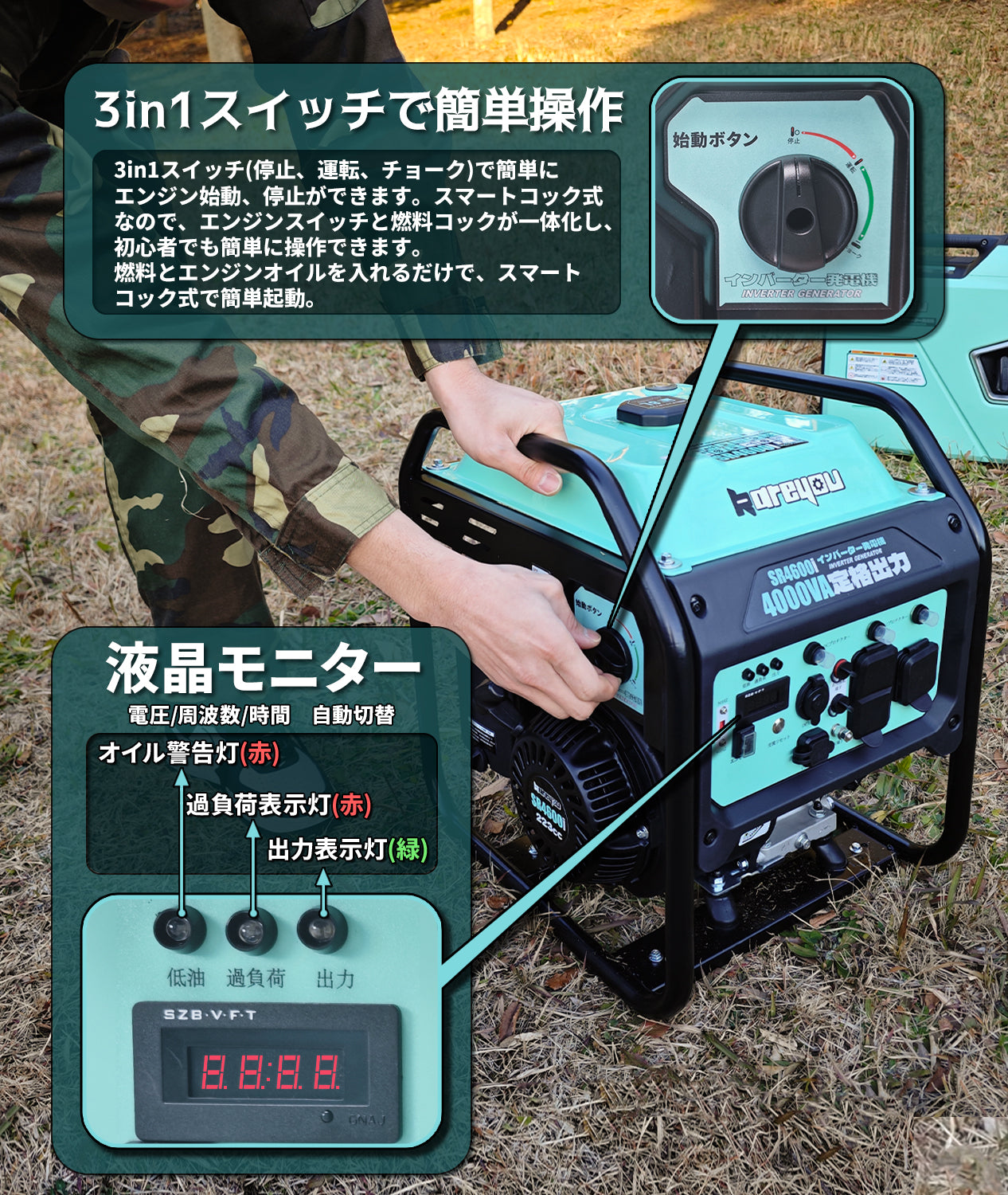 インバーター発電機 4.0kVA 防災マーク取得 東西日本用 エコモード 過負荷保護 移動販売 DIY 家庭 工事 災害時に大活躍