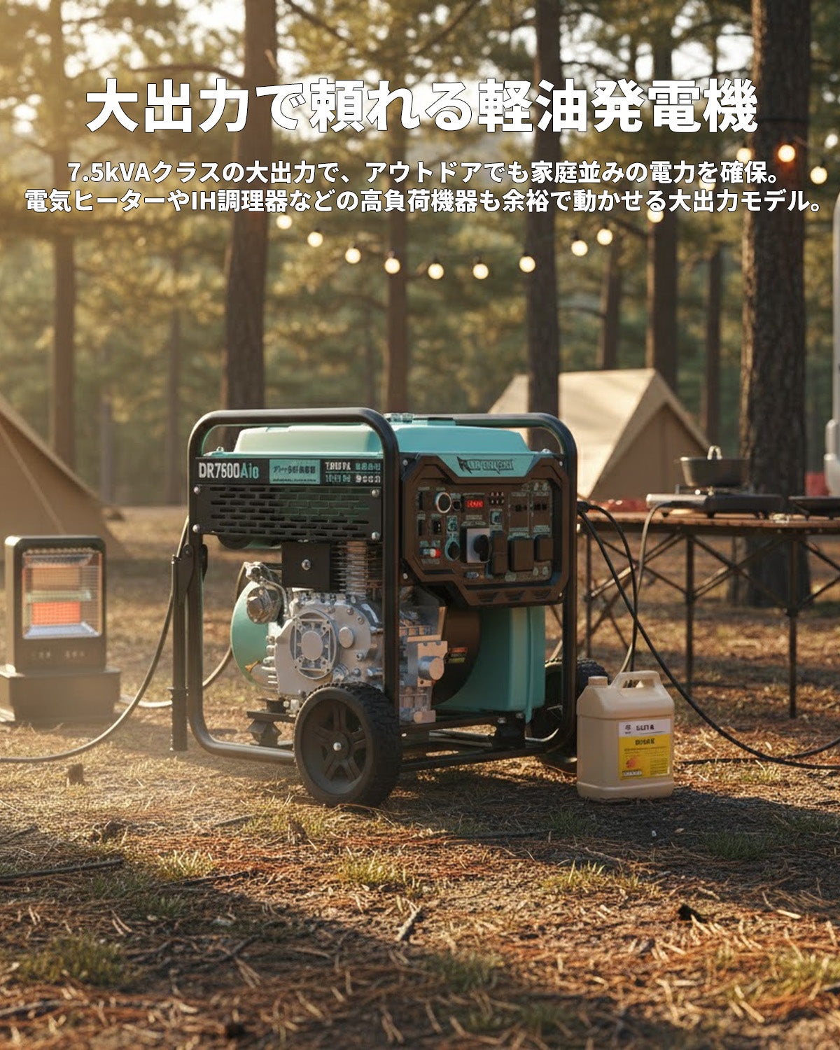ディーゼル発電機インバーター 軽油発電機 オープン型7.5kVA出力 単相100/200V 20/30/50A出力 電圧切替可能 ワンプッシュ始動リモコン始動可能DR7500Aio