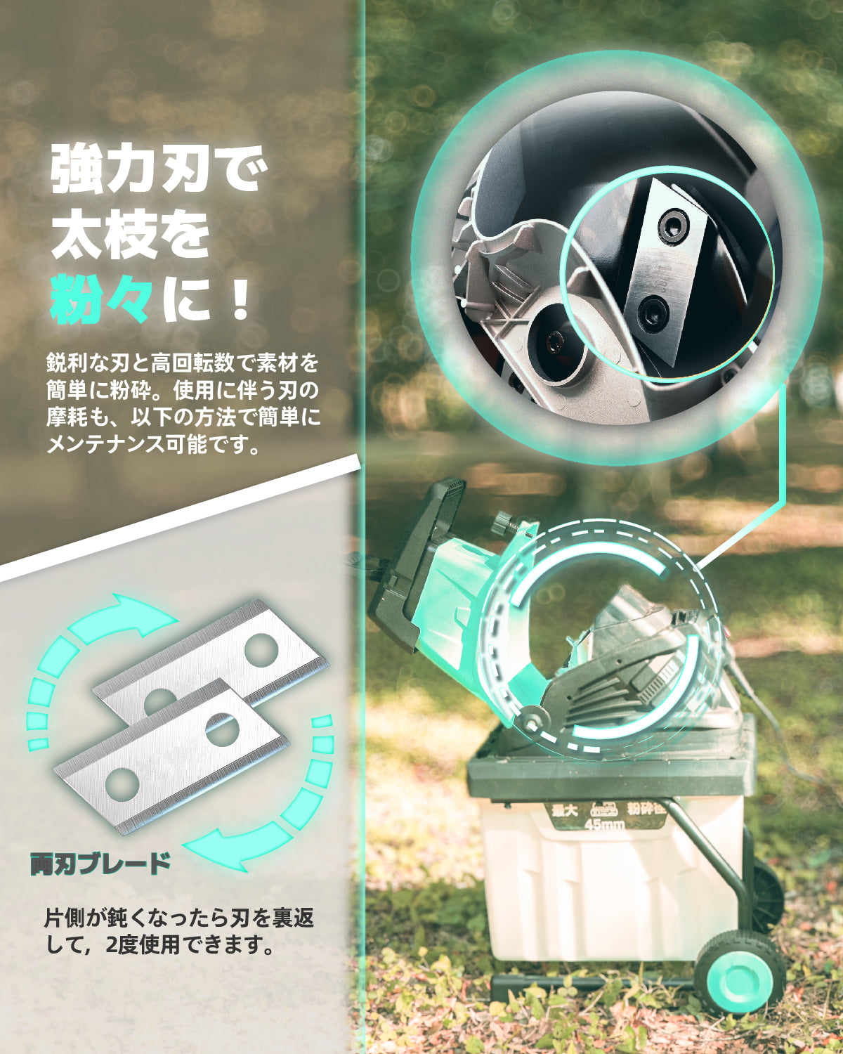 ウッドチッパー 電動粉砕機 電源コード5m 園芸用ガーデンシュレッダー AC電源 35-45mm ローラーミル刃100V・50/60Hz 家庭ごみ処理