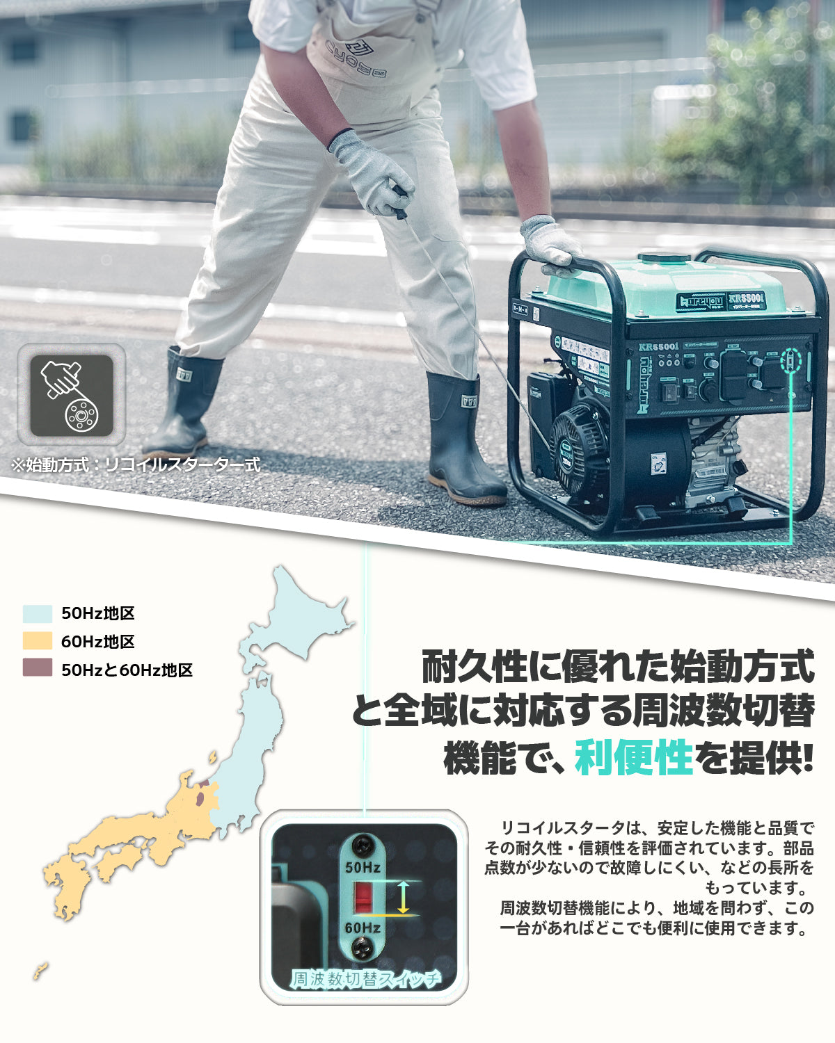 インバーター発電機 4.8kVA 軽量 エンジン式 東西日本用 移動販売 アウトドア 台風 停電 非常用電源 災害時に大活躍