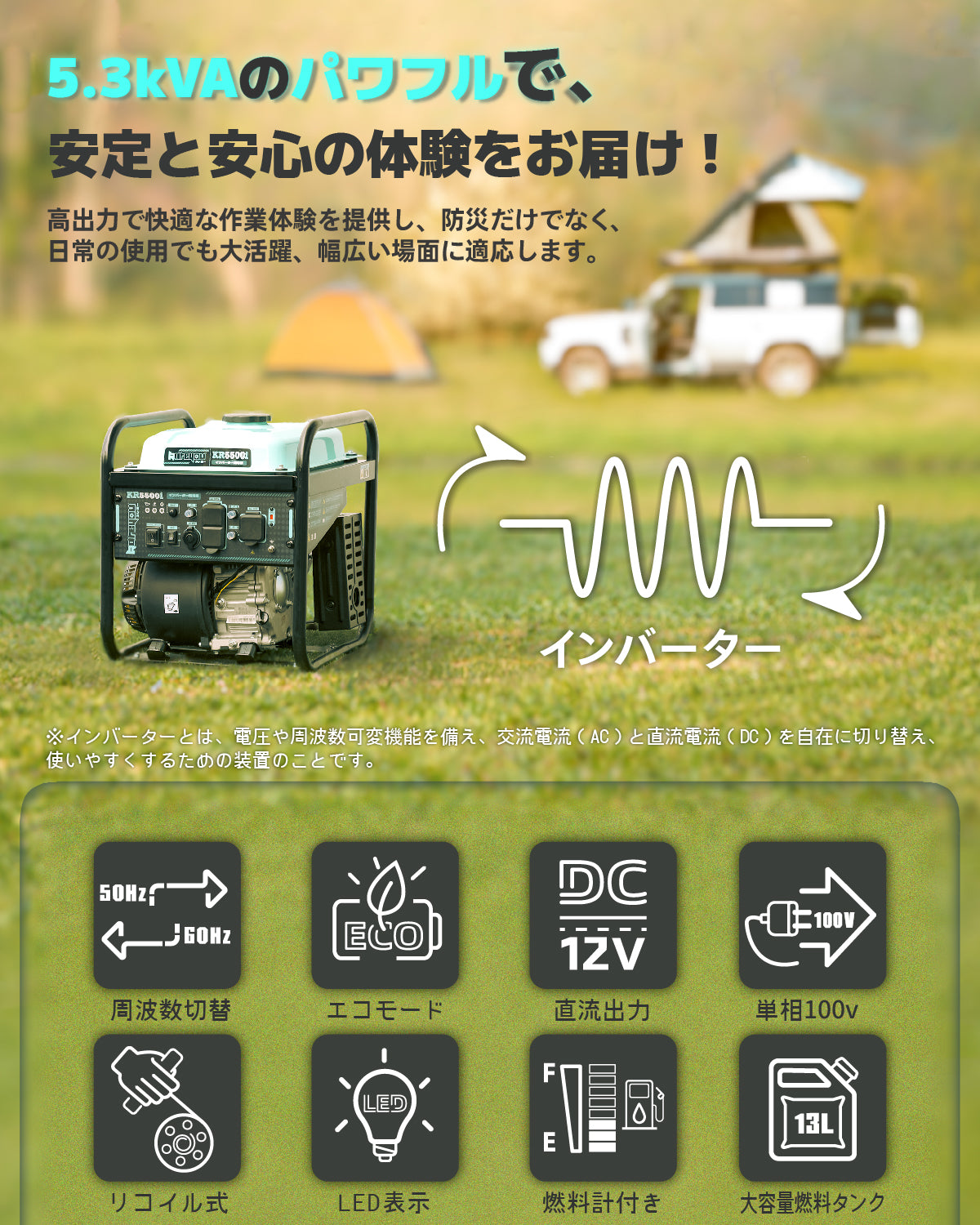 インバーター発電機 4.8kVA 軽量 エンジン式 東西日本用 移動販売 アウトドア 台風 停電 非常用電源 災害時に大活躍