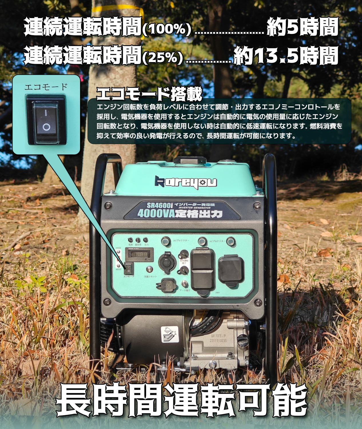 インバーター発電機 4.0kVA 防災マーク取得 東西日本用 エコモード 過負荷保護 移動販売 DIY 家庭 工事 災害時に大活躍